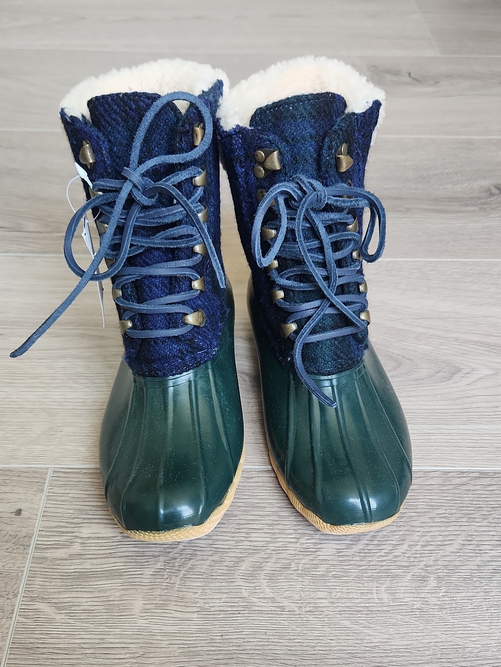 Sperry Green Rubber Duck Boots with Navy Wool Upper and Faux-Fur Trim